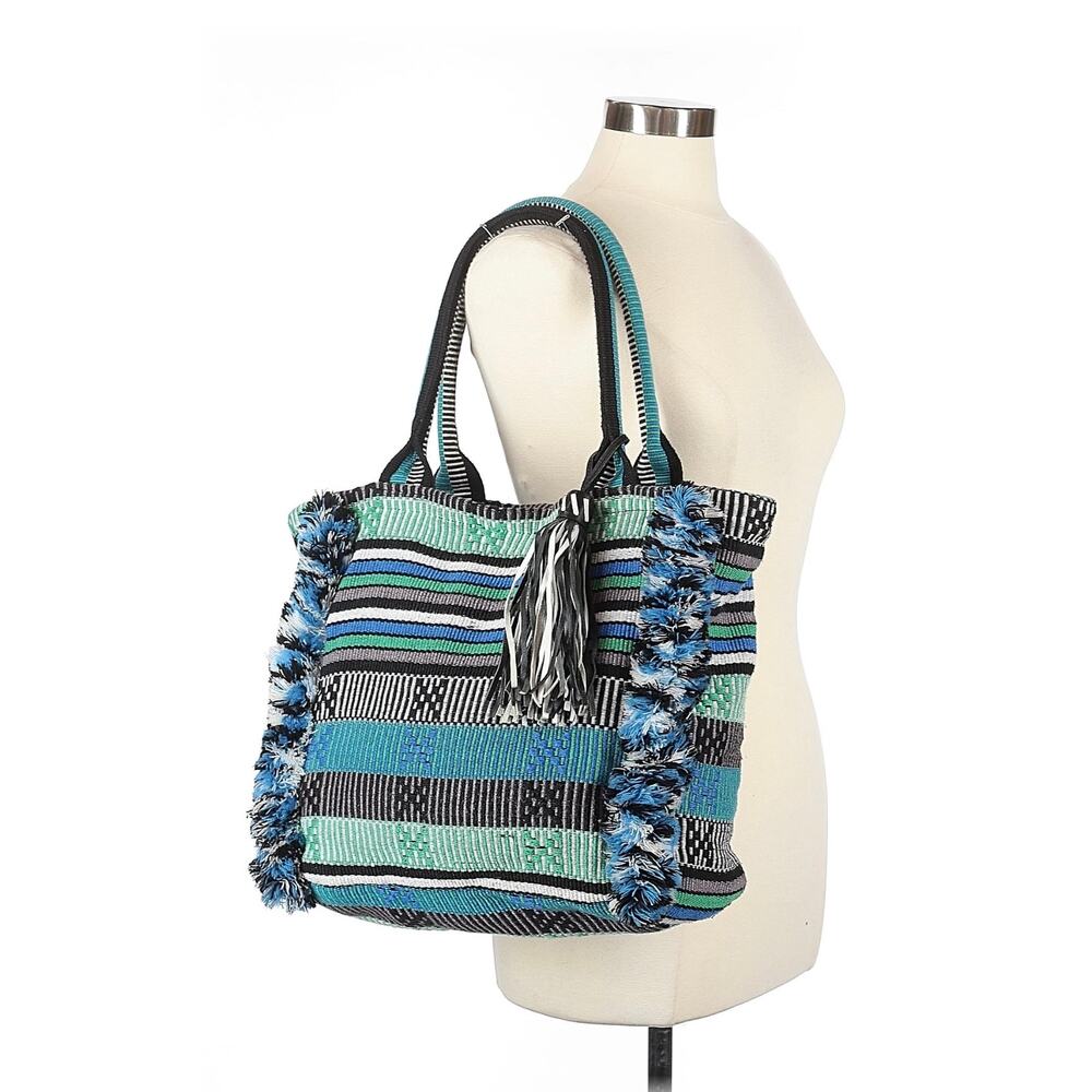 Rebecca Minkoff Fringed Bright Blue & Green Woven Soft XL Beach Tote